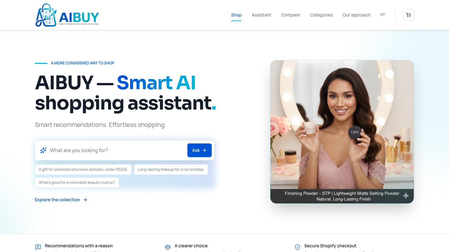 Página inicial do AIBUY, assistente de compras com inteligência artificial para e-commerce, desenvolvido pela X4AI